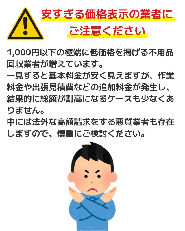 安すぎる価格表示の業者にご注意ください。1,000円以下の極端に低価格を掲げる不用品回収業者が増えています。一見すると基本料金が安く見えますが、作業料金や出張見積費などの追加料金が発生し、結果的に総額が割高になるケースも少なくありません。中には法外な高額請求をする悪質業者も存在しますので、慎重にご検討ください。